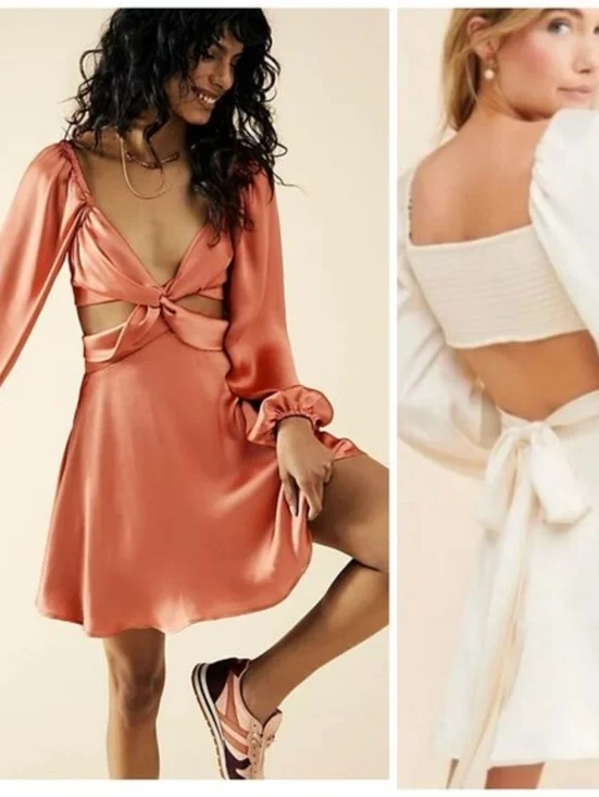 $220 Free People Justin Satin Cut Out Mini Dress Coral Size M - Picture 6 of 8